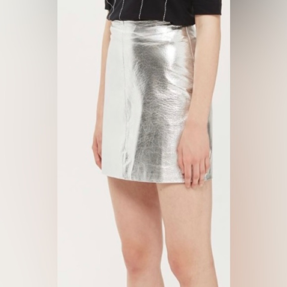 Topshop Genuine Leather Silver Metallic Mini Skirt Size 0